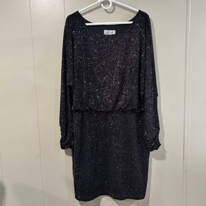Jessica H Black Multicolor Glitter Dress Size 16 • Long Sleeve Party Cocktail Dr